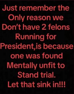 Just remember the only reason we don't have two felons running for President is because on was found mentally unfit to stand trial. Let that sink in!